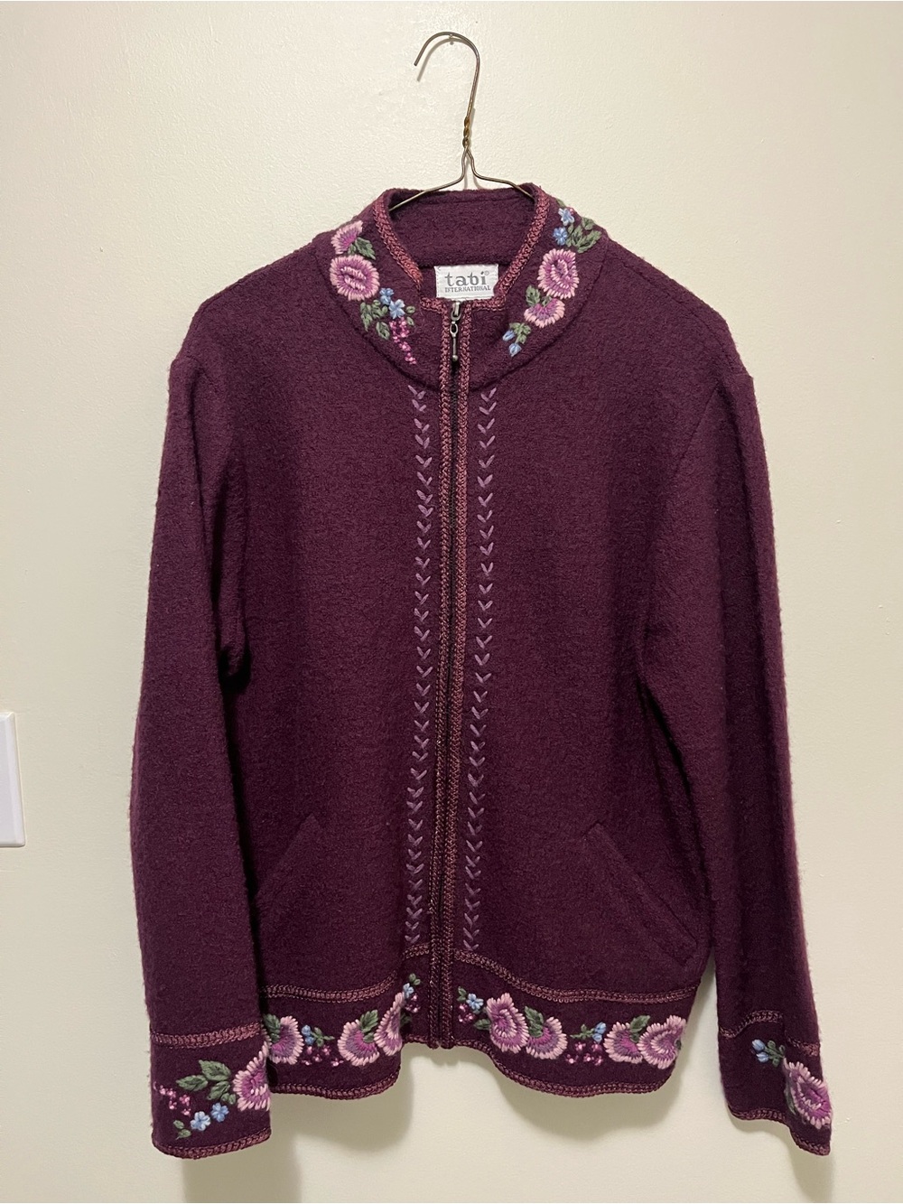 Vintage Tabi International Purple Wool Floral Embroidered Zip-Up Cardigan Jacket